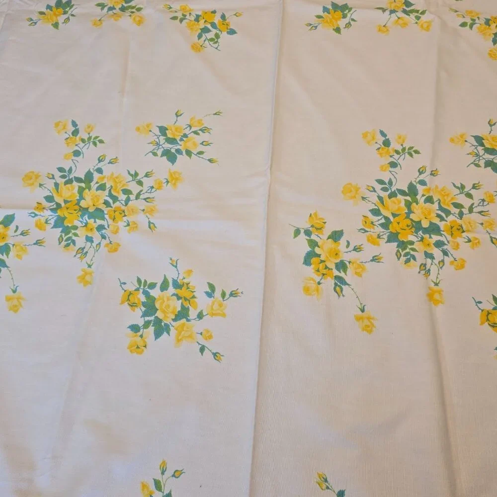 Vintage Floral Tablecloth 53x65 Yellow Roses Mid-Century Country Cottage Style